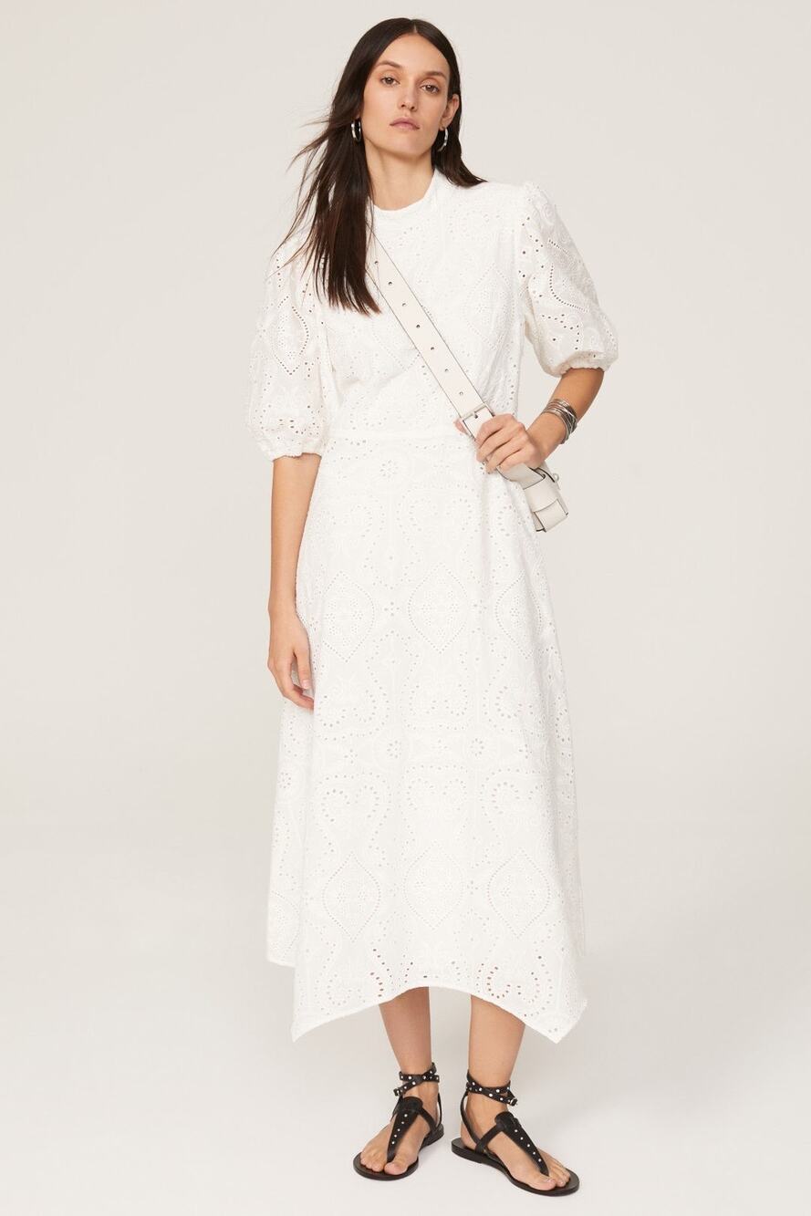 ALLSAINTS White Eyelet 100% Cotton Mock Neck Camila Broderie A-Line Dress US 6